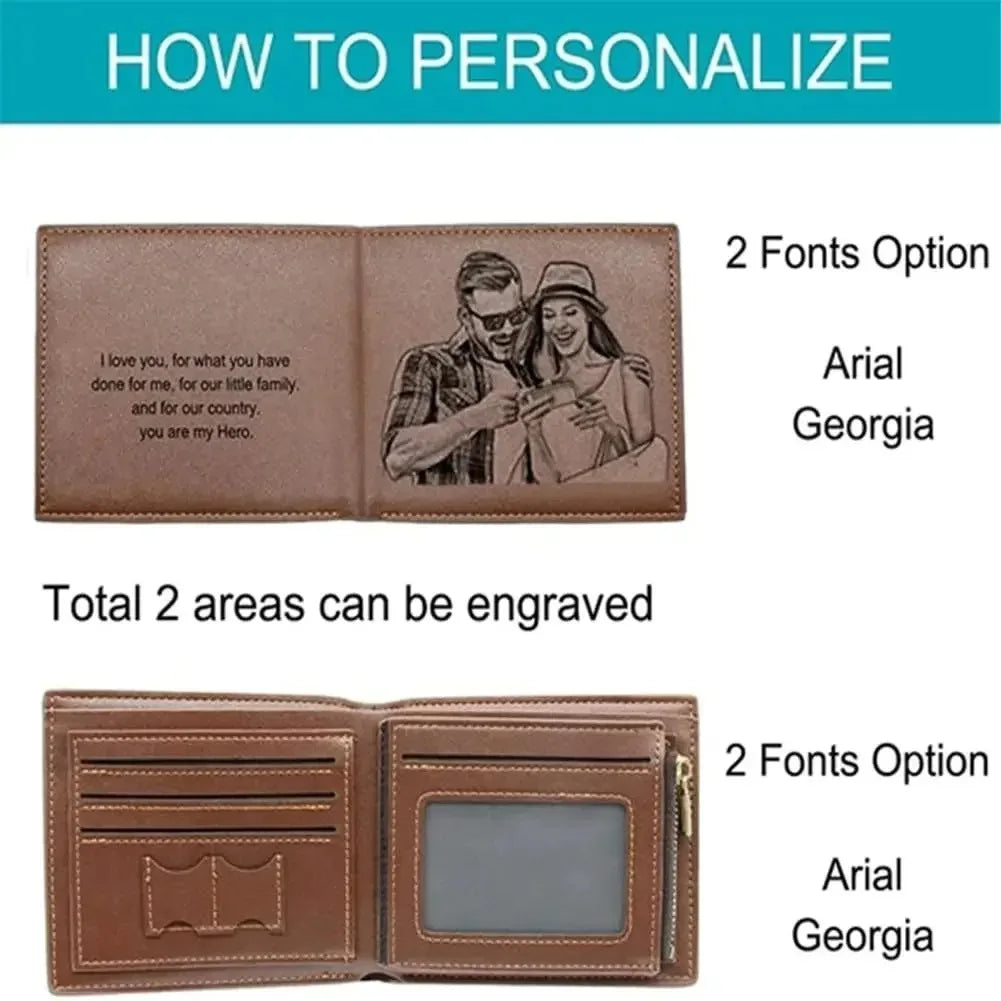 Personalized Picture Name Wallet Engraved Photo Short Purse Custom Folding Wallet Gifts for Him Men for Dad Father's Day Husban