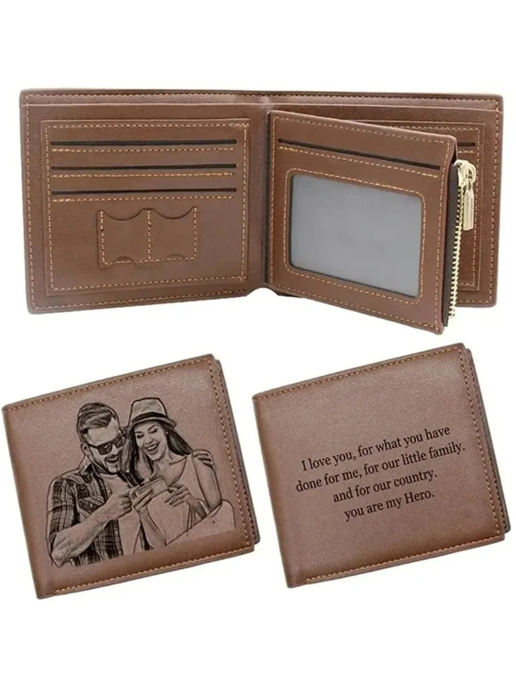 Personalized Picture Name Wallet Engraved Photo Short Purse Custom Folding Wallet Gifts for Him Men for Dad Father's Day Husban