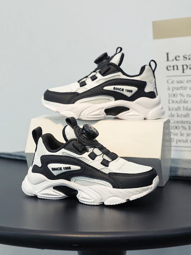 Slip-on rotating buckle! Kids' mesh black dad shoes, breathable and stuffy-free, non-slip white sports shoes for boys and girls