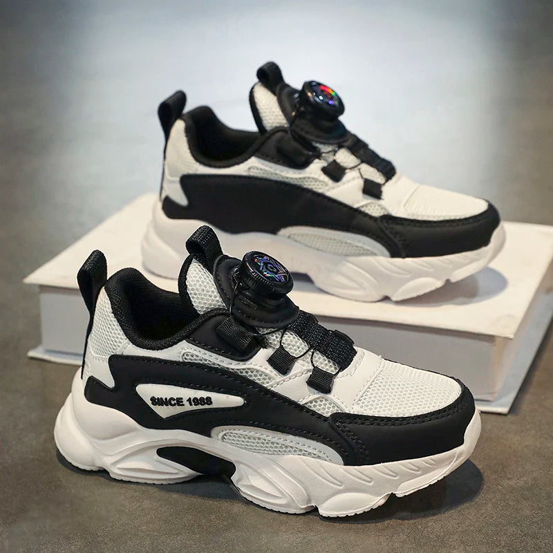 Slip-on rotating buckle! Kids' mesh black dad shoes, breathable and stuffy-free, non-slip white sports shoes for boys and girls