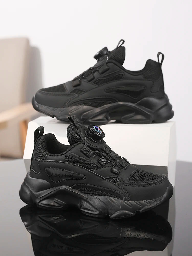 Slip-on rotating buckle! Kids' mesh black dad shoes, breathable and stuffy-free, non-slip white sports shoes for boys and girls